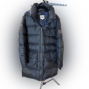 Ugg, Ozzy Black Long Puffer Jacket with thumb sleeves & detachable faux fur.